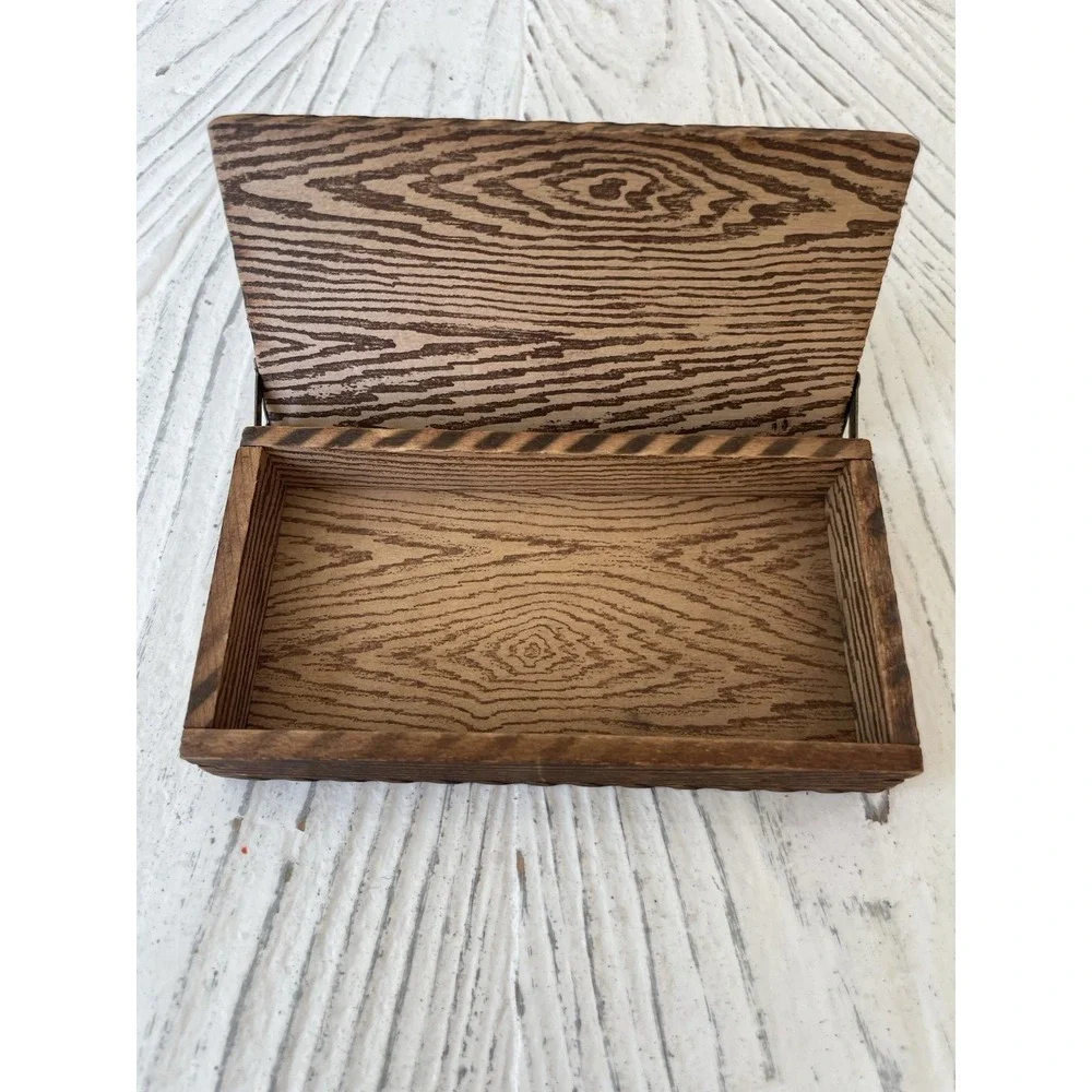 Antique Wood Pyrography Box Circus Clowns Elephant Unique Hinges 2.5 x 5